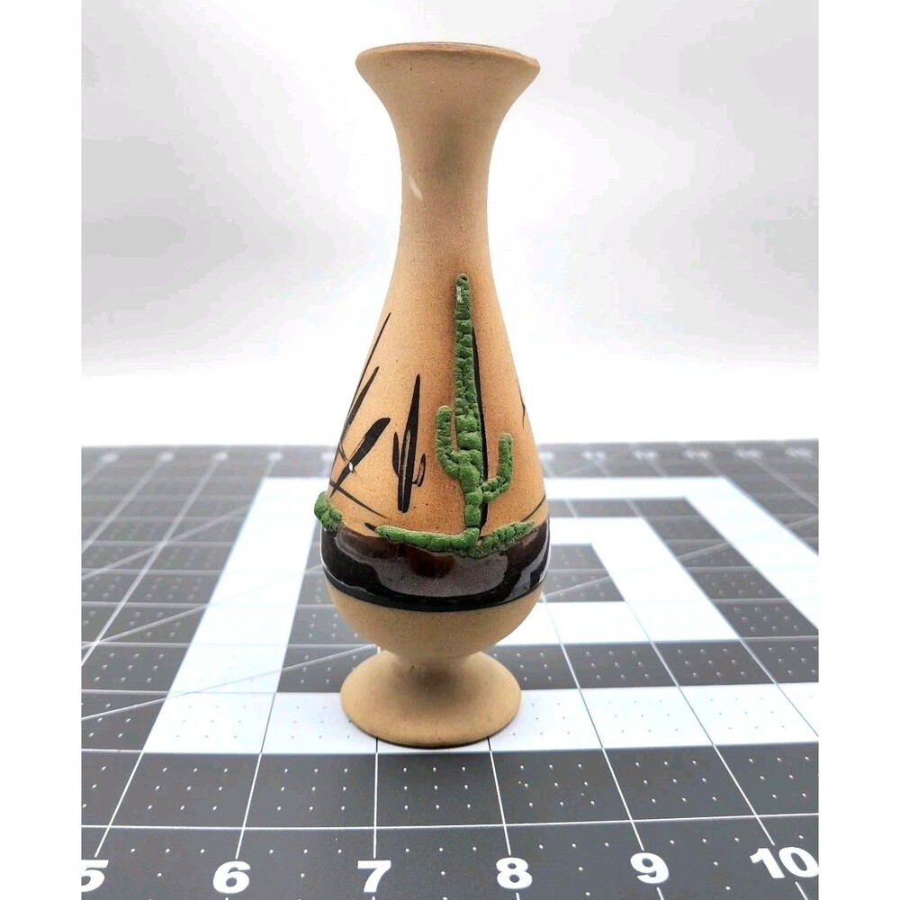 Southwestern Pottery Bud Vase Artist Signed Betty Selby Raised Cactus Design